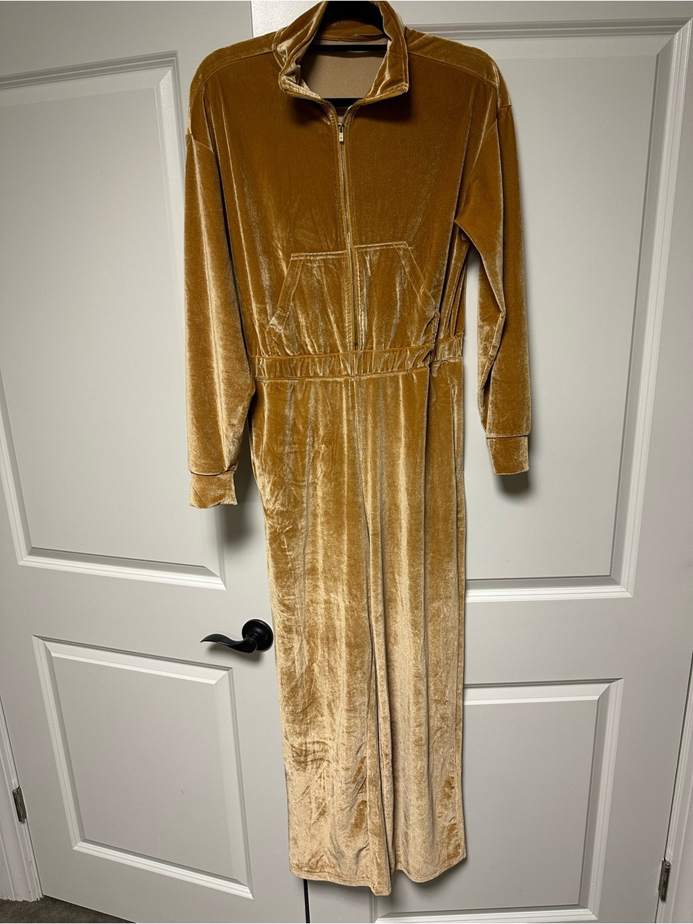 Fabletics Golden Tan Velvet Zip-Front Jumpsuit